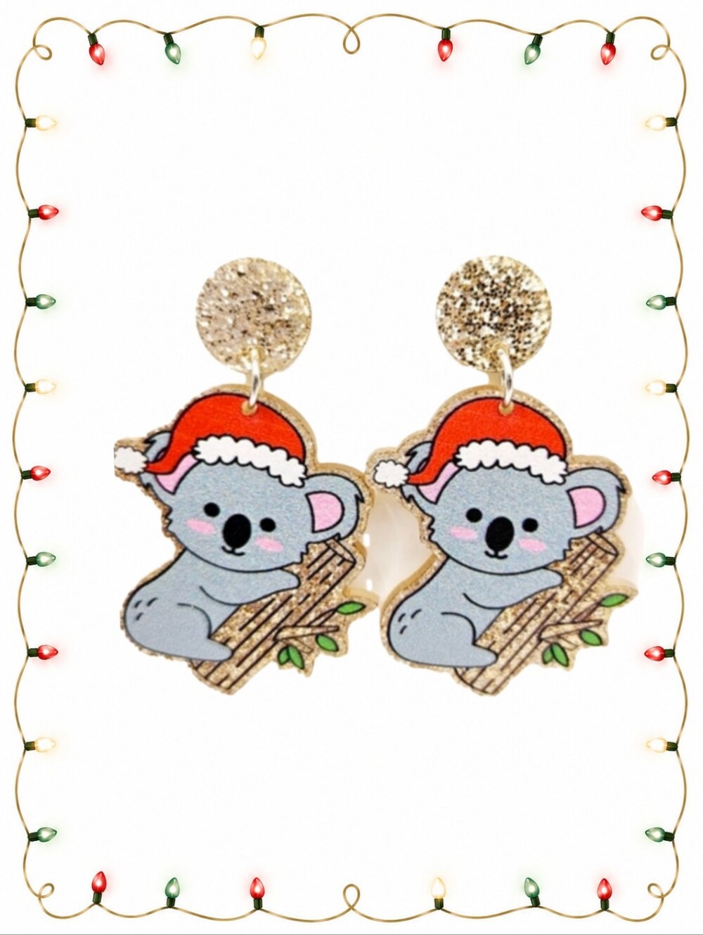 Christmas Koala Earrings Santa Hat Glitter Gold Acrylic Dangle Posts New